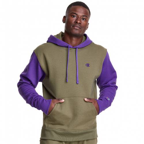 チャンピオン フリース フーディー パーカー カーゴ オリーブ 紫 パープル Purple Champion Colorblock Powerblend Fleece Hoodie Cargo Olive Maf Gov Ws
