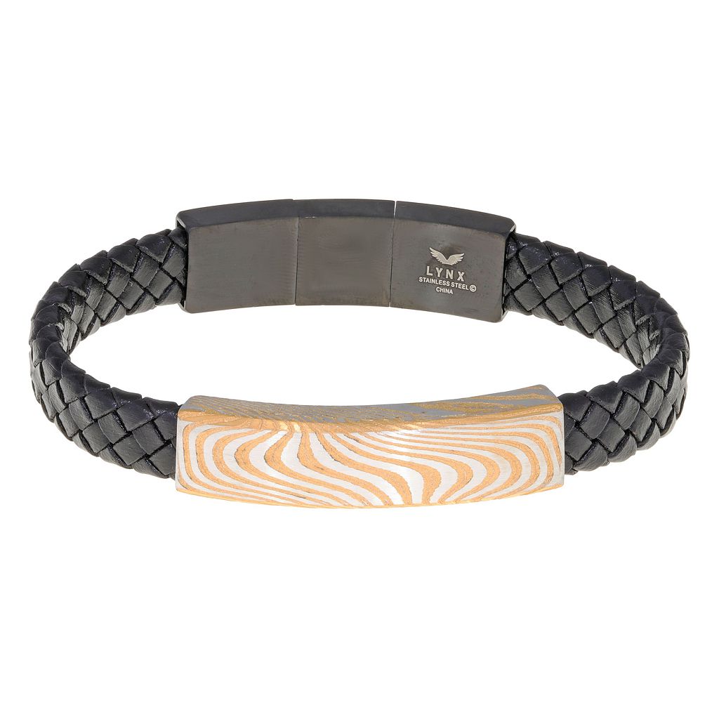 銀色 スチール 黒色 ブラック レザー ブレスレット ステンレス & 【 LYNX DAMASCUS STEEL BLACK LEATHER BRACELET / STAINLESS 】 ジュエリー アクセサリー メンズジュエリー