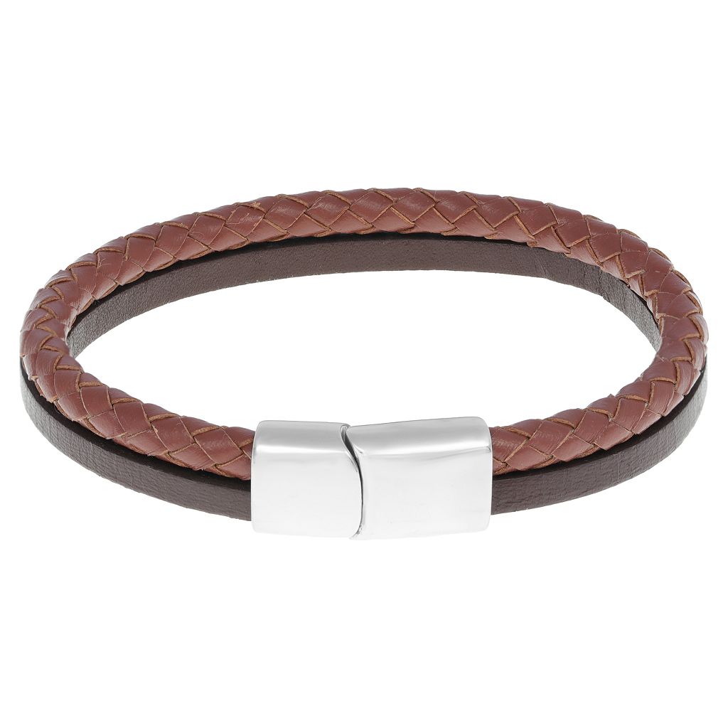ステンレス 銀色 スチール レザー ブレスレット & 【 LYNX STAINLESS STEEL TWO-TONE LEATHER BRACELET / 】 ジュエリー アクセサリー メンズジュエリー