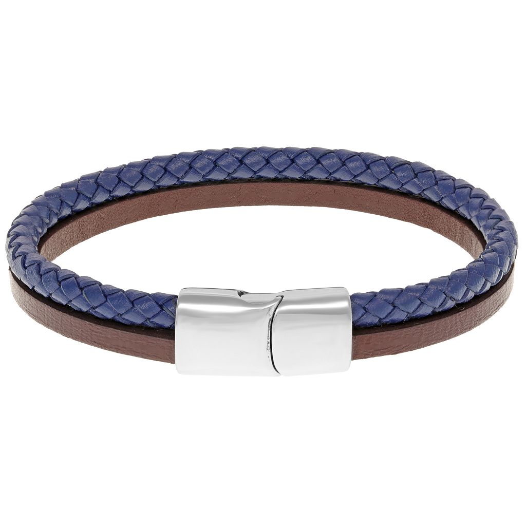 ステンレス 銀色 スチール レザー ブレスレット & 【 LYNX STAINLESS STEEL BRAIDED TWO-TONE LEATHER BRACELET / 】 ジュエリー アクセサリー メンズジュエリー|スニケス