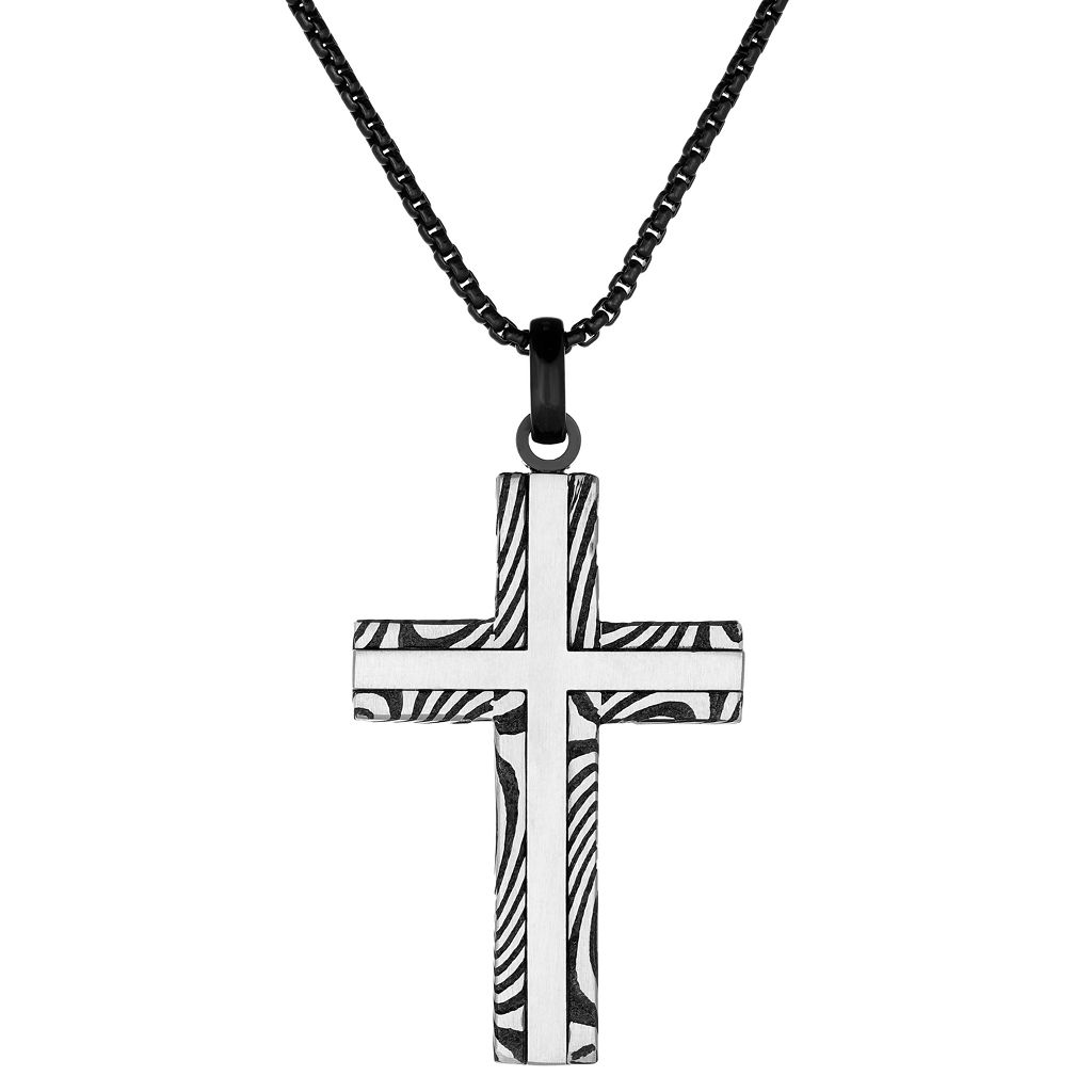 銀色 スチール ネックレス ステンレス 【 LYNX DAMASCUS STEEL STRIPED CROSS PENDANT NECKLACE / STAINLESS 】 ジュエリー アクセサリー メンズジュエリー ペンダント|スニケス