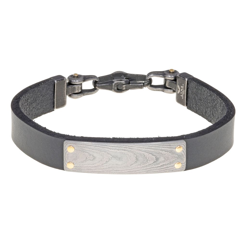 しろがね色 スチール写真 なめし革 腕輪 ステンレス鋼 \u0026 【 LYNX DAMASCUS STEEL LEATHER BRACELET / STAINLESS 】 宝飾品 付属物 メンズ宝飾品 ブレスレット-メンズジュエリー・アクセサリー-ジュエリー・アクセサリー