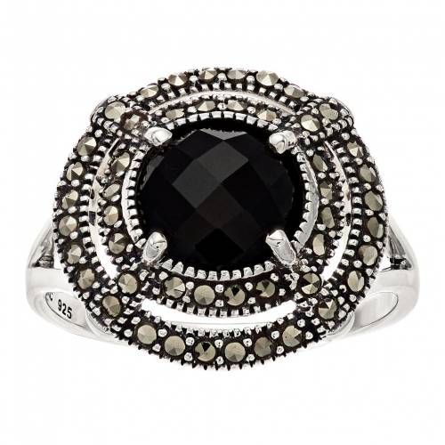 銀色 シルバー 黒色 ブラック & 【 LAVISH BY TJM STERLING SILVER BLACK ONYX MARCASITE CIRCLE RING / 】 ジュエリー アクセサリー レディースジュエリー 指輪 リング