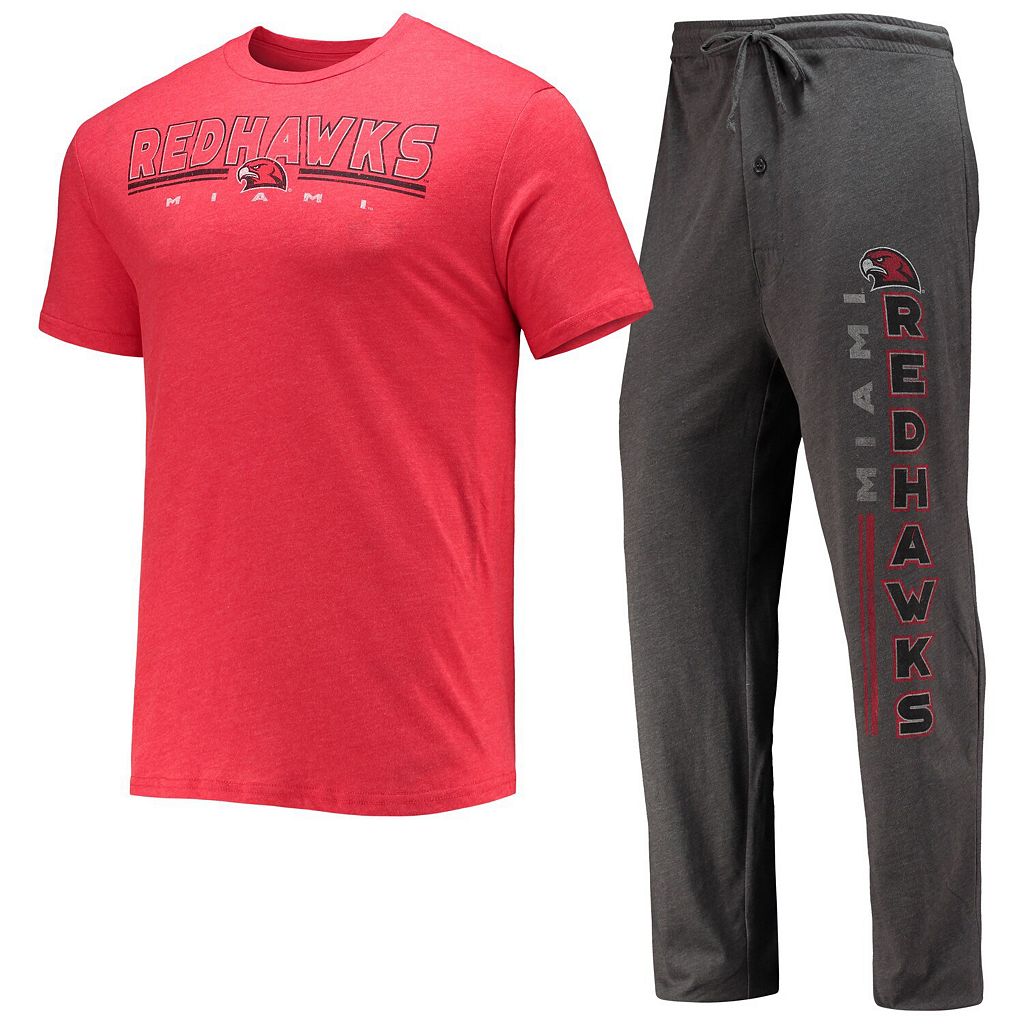 マイアミ Tシャツ \u0026 【 UNBRANDED CONCEPTS SPORT HEATHERED CHARCOAL/RED MIAMI UNIVERSITY REDHAWKS METER T-SHIRT PANTS SLEEP SET / MOH CHARCO 】 インナー 下着 ナイトウエア メンズ ナイト ルーム パジャマ
