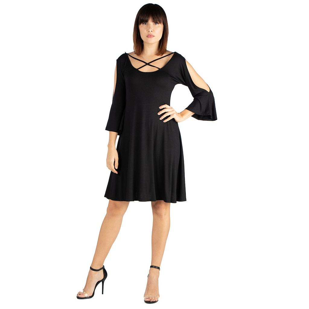 ドレス & 【 24SEVEN COMFORT APPAREL 24SEVEN COMFORT APPAREL KNEE LENGTH FIT FLARE COLD SHOULDER DRESS / 】 レディースファッション