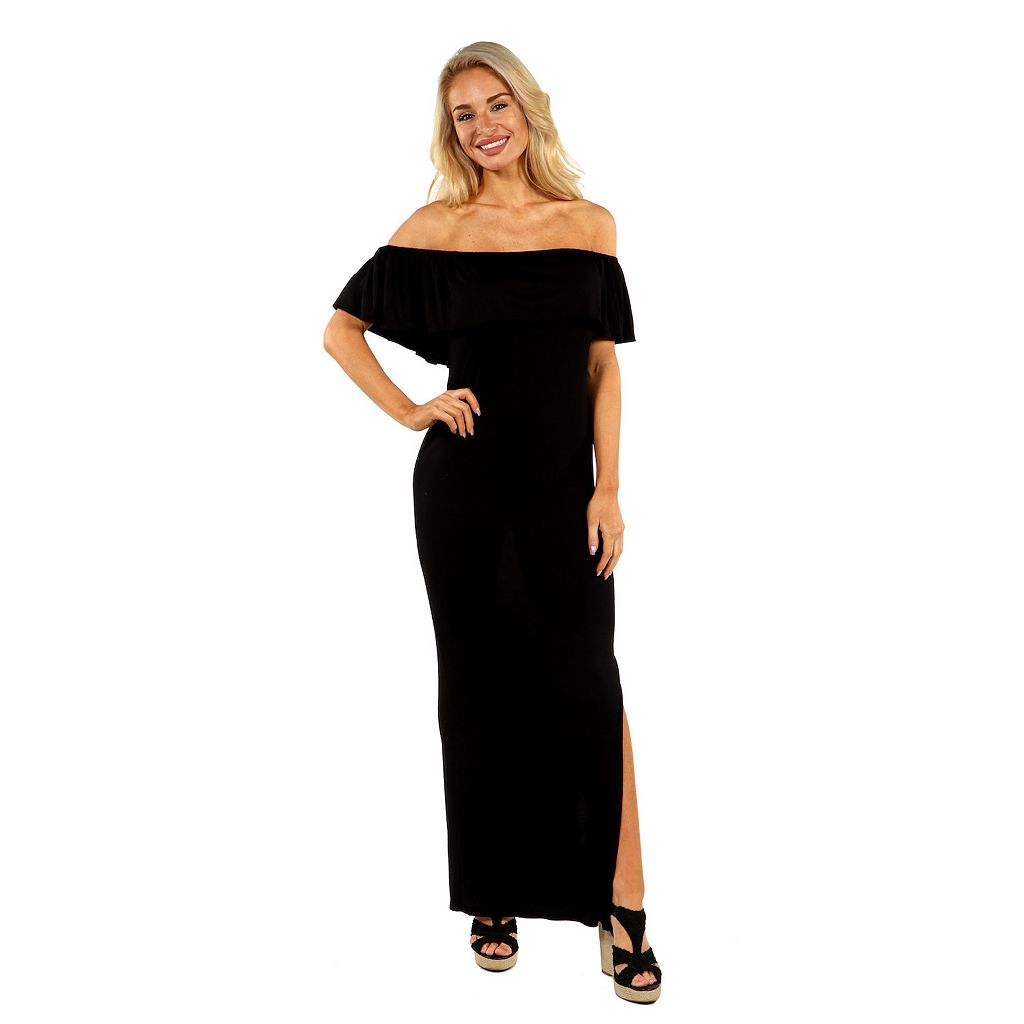 ドレス マキシドレス 【 24SEVEN COMFORT APPAREL 24SEVEN COMFORT APPAREL OFF-THE-SHOULDER RUFFLED SIDE SLIT MAXI DRESS / 】 レディースファッション