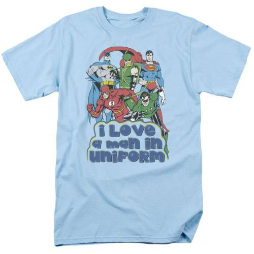 キャラクター ディーシー コミックス スリーブ Tシャツ 青色 ブルー 半袖 【 LICENSED CHARACTER DC COMICS I LOVE A MAN IN UNIFORM SHORT SLEEVE ADULT T-SHIRT / LIGHT BLUE 】 メンズファッション トップス カットソ｜スニケス