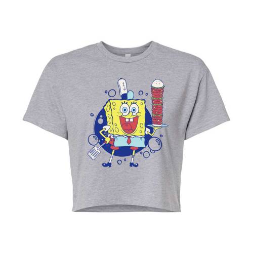 キャラクター スポンジボブ グラフィック Tシャツ ヘザー 灰色 グレー グレイ 【 LICENSED CHARACTER SPONGEBOB BURGER PANTS CROPPED GRAPHIC TEE / HEATHER GRAY 】 キッズ ベビー マタニティ トップス カットソー