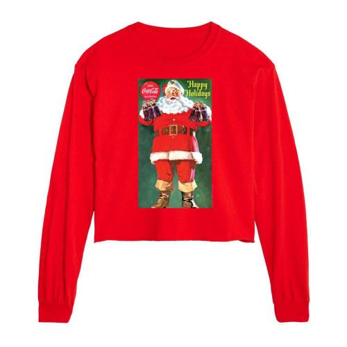 文字記号 ビンテージ ヴィンテージ 捩り プルオーバー 赤 赤いこと 長袖 【 LICENSED CHARACTER COCA-COLA VINTAGE SANTA WITH BOTTLES CROPPED LONG SLEEVE TEE / RED 】 キッズ もの言う花 マタニティ トップス スウェッ