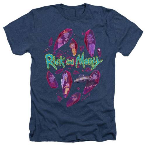 キャラクター ヘザー Tシャツ 紺色 ネイビー 【 LICENSED CHARACTER RICK AND MORTY DEATH CRYSTAL FUTURES ADULT HEATHER T-SHIRT / NAVY 】 メンズファッション トップス カットソー