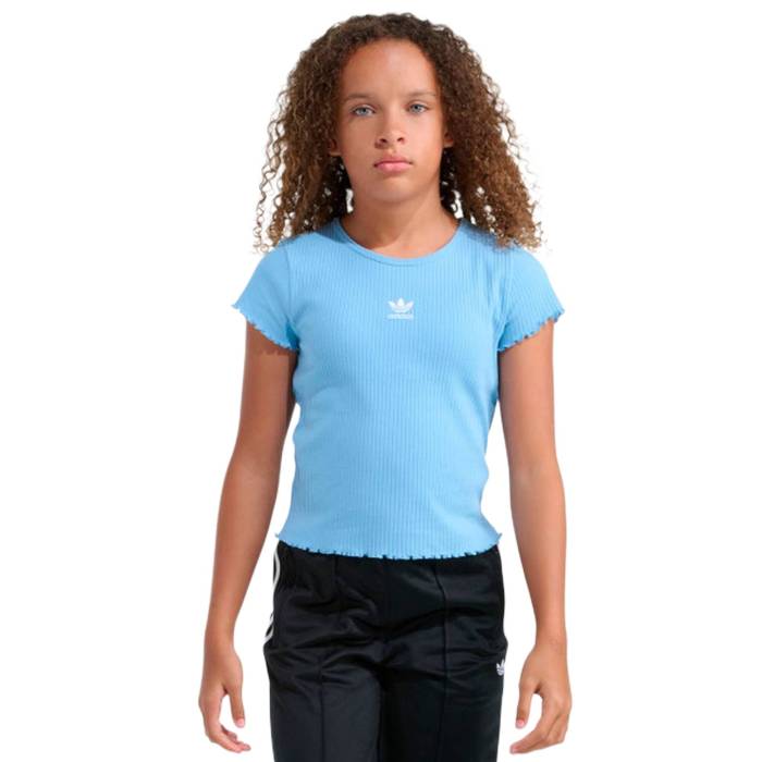 アディダス Adidas 【 Originals Lettuce Edge Short Sleeve T-Shirt Girls\u0027 Grade School White/Ash Blue 】 オリジナルス Sleeve 捩り プルオーバー お坊っちゃん キッズ 白いこと 白いこと 青み 青色