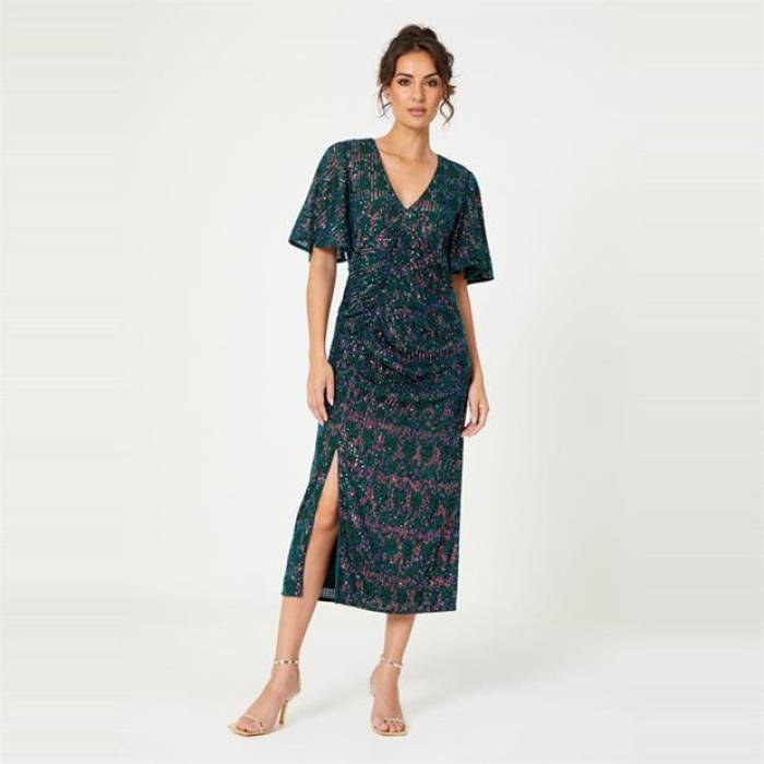 Be You 【 Sequin V-Neck Maxi Dress Women Green Rainbow 】 V素っ首 御召しもの レディース green 緑・緑であること 虹色 虹霓