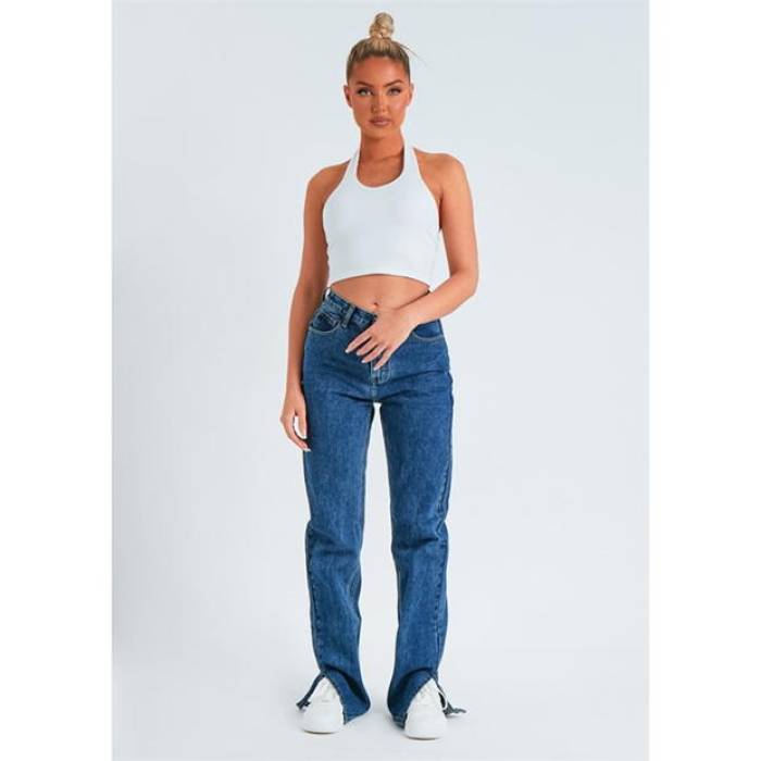 Missy Empire 【 Straight Leg Split Detail Jeans Women Blue 】 デニム レディース 青味 青み
