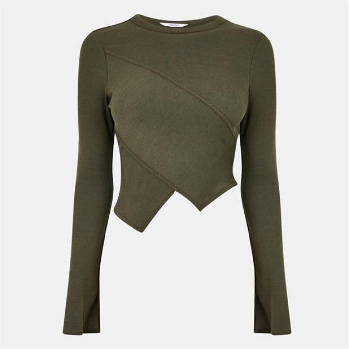 手玉 濾過性病原体 Jack Wills 【 Jw Asymmetric Rib Long-Sleeve T-Shirt Women Dark Khaki 】 ティーシャツ レディース カーキ レディースファッション-Tシャツ・カットソー-トップス
