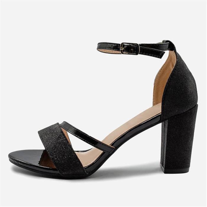 Wheres That From 【 Glitter Perla Mid Block Heel Sandals Ladies Women Black Glitter 】 ミッド ヒール サンダル レディース 黒色 ブラック