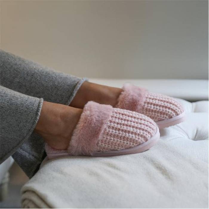 Wheres That From 【 Knitted Slider Slippers With Fur Women Light Pink Yarn 】 スリッパ レディース pink ピンク