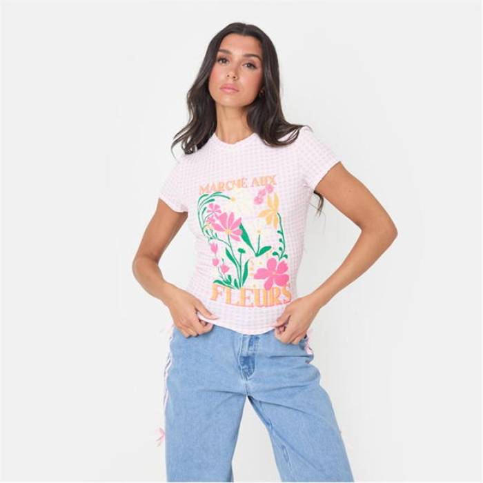 I Saw It First 【 Gingham Graphic Tee Women Pink Gingham 】 グラフィック ティーシャツ レディース pink さくら色
