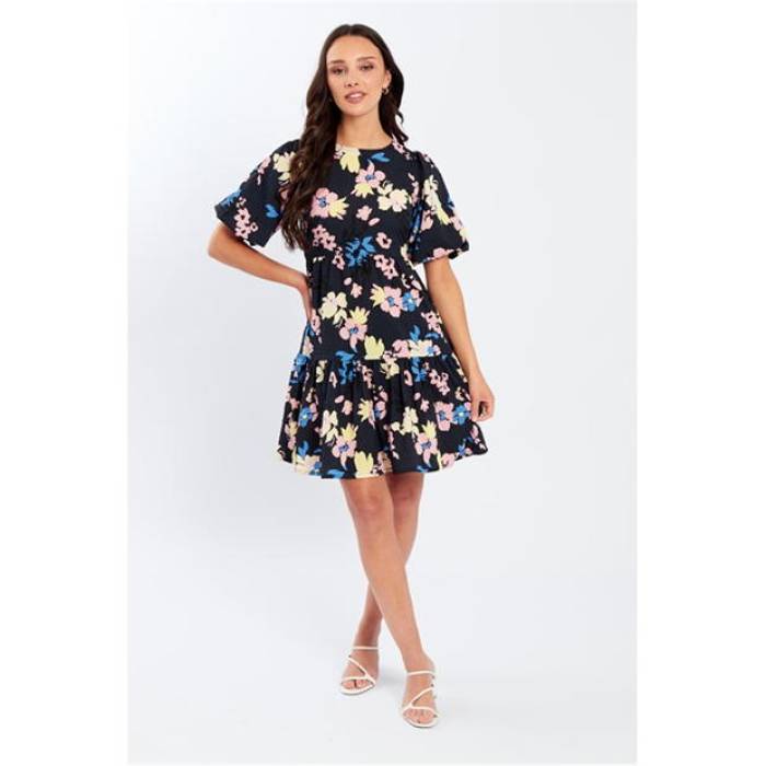 Be You 【 Tiered Tie Back Mini Dress Women Navy Floral 】 ネクタイ ドレス レディース 紺色 ネイビー
