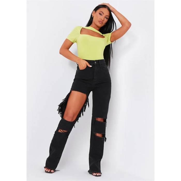 Missy Empire 【 Waisted Cut Out Ripped Denim Jeans Women Black 】 ジーンズ デニム レディース 黒いこと 黒いこと