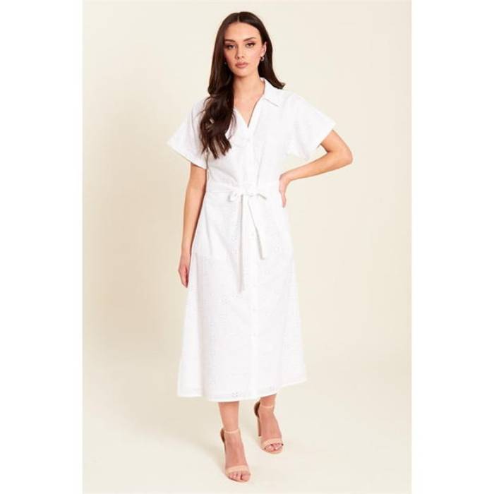 Be You 【 Broderie Tie Waist Midi Shirt Dress Women White 】 ネクタイ ドレス レディース 白色 ホワイト