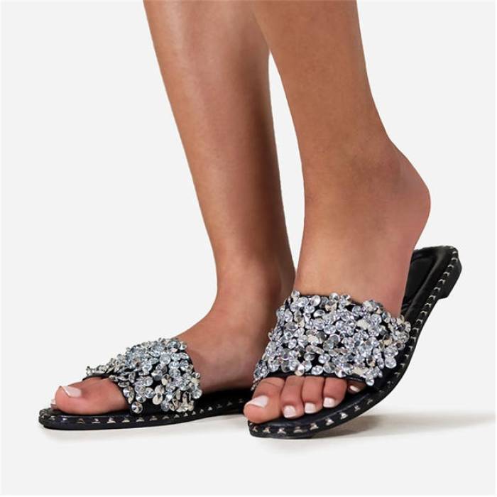 Wheres That From 【 Diamante Sparkly Flat Sliders Women Black 】 サンダル レディース 黒色 ブラック