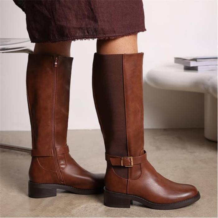 Wheres That From 【 Knee High Riding Boots With Side Buckle Strap Women Brown Pu 】 ご機嫌 ブーツ バックル 同盟罷工一巡り レディース 赤銅色 赤銅色 ブーツ-レディース靴