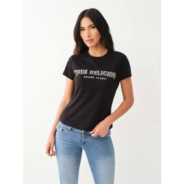 トゥルーレリジョン True Religion 【 Slim Crew Neck Logo T-Shirt Women Jet Black 】 slim か細い 労働者の一団 ロゴタイプ プルオーバー レディース 黒いこと 黒いこと