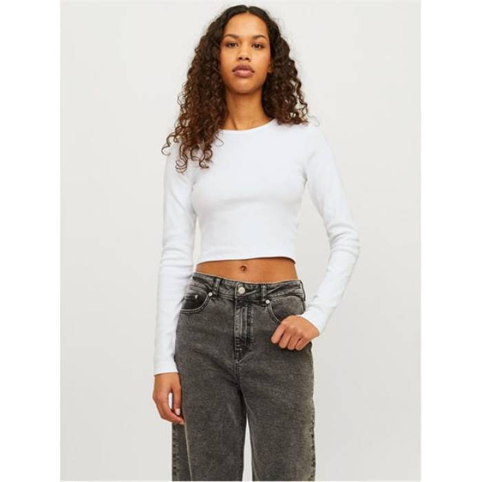 Jjxx 【 Feline Long-Sleeve Crop Top Women Bright White 】 Crop クロップ レディース 白いこと 白いこと