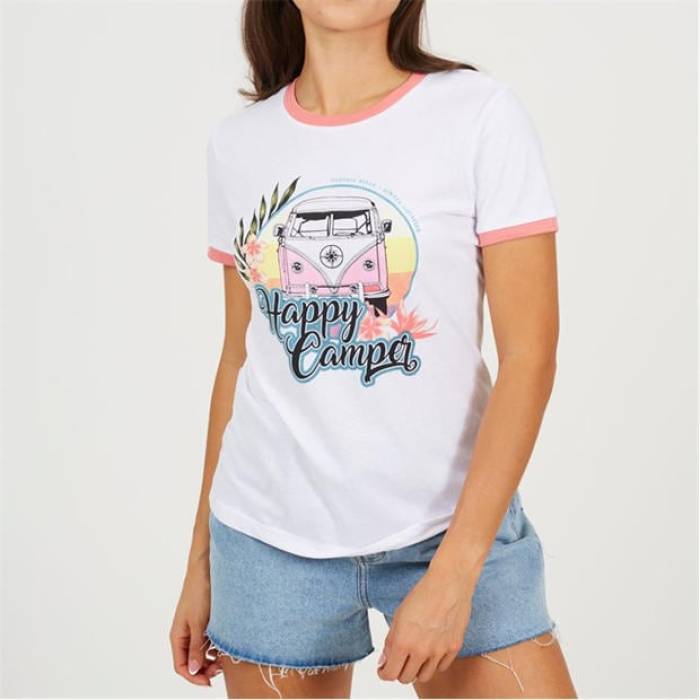 ブレイブソウル Brave Soul 【 Camper Ringer T-Shirt Women White/Coral 】 ティーシャツ レディース 白いこと 白いこと
