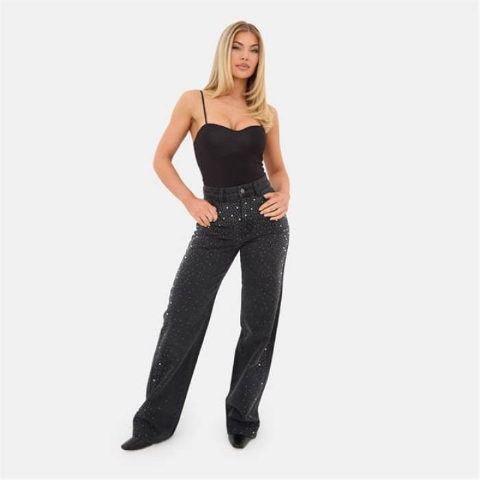 I Saw It First 【 Rhinestone Jeans Women Black 】 ジーンズ レディース 黒色 ブラック
