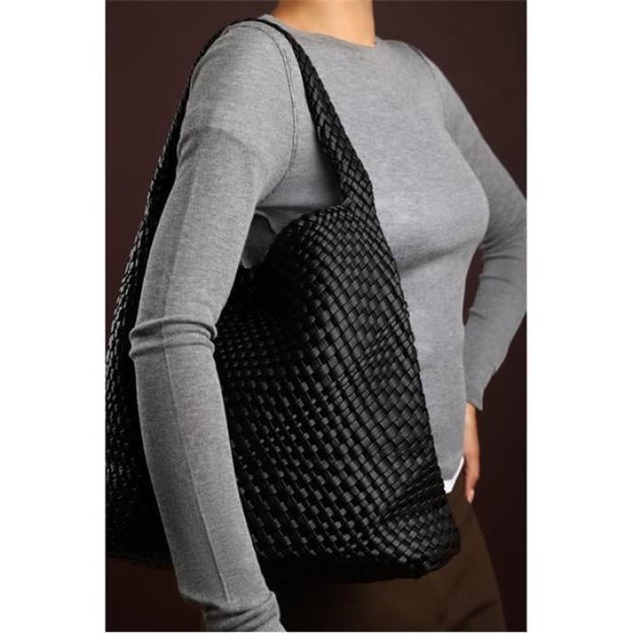Wheres That From 【 Weave Detail Faux Leather Shoulder Bag Women Black 】 レザー バッグ レディース 黒色 ブラック