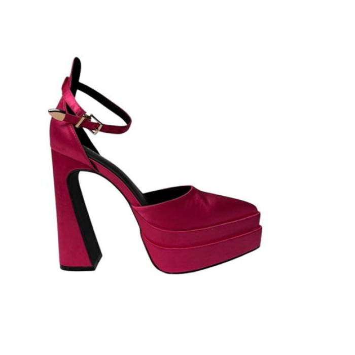 Chic 【 Pointed Toe Block Heel Platform Heeled Sandal Women Fuchsia 】 ヒール レディース