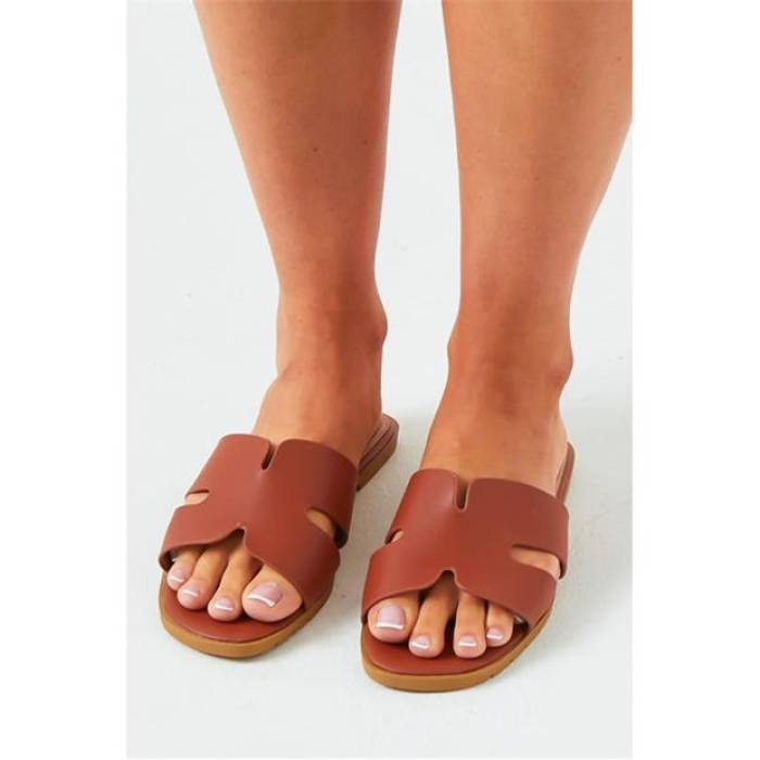 Missy Empire 【 Rubber Ribbed Sole Sliders Women Tan 】 天然ゴム サンダル レディース