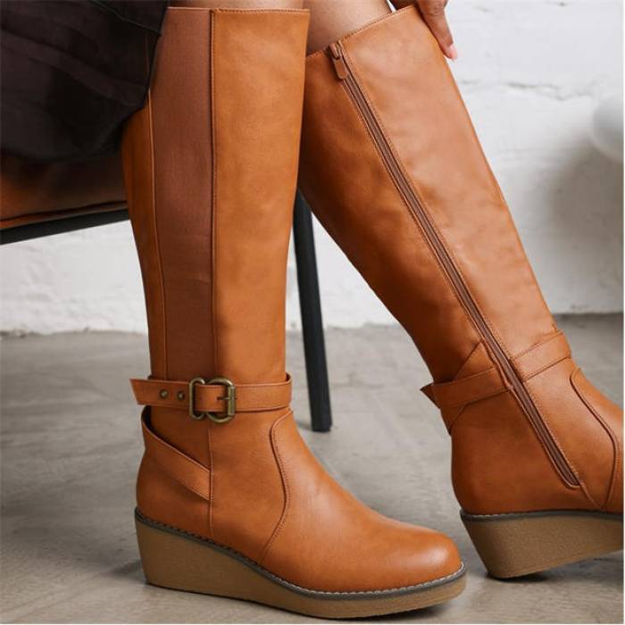 Wheres That From 【 Knee High Wedge Boots With Strap And Buckle Women Tan Pu 】 ハイ ウェッジ ブーツ ストラップ バックル レディース