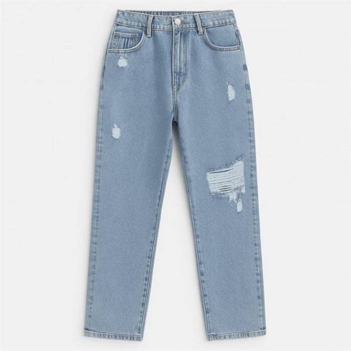 I Saw It First 【 Distressed Straight Jeans Women Mid Blue 】 ジーンズ レディース ミッド 青色 ブルー