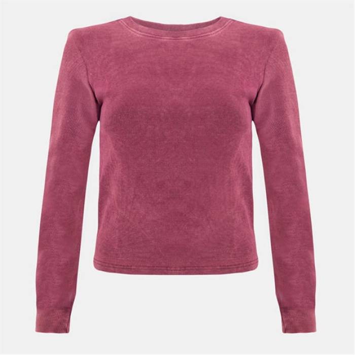 I Saw It First 【 Washed Ribbed Long Sleeve Top Women Burgundy 】 Sleeve 捩り レディース ブドウ酒色・バーガンディー Tシャツ・カットソー-レディースファッション-トップス