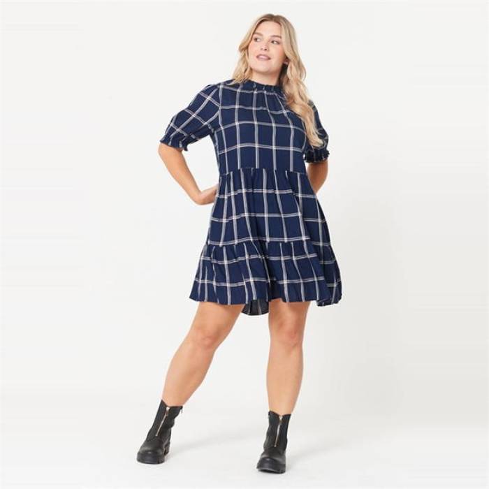 Be You 【 Check Smock Dress Women Navy 】 ドレス レディース 紺色 ネイビー