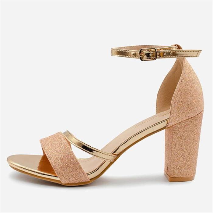 Wheres That From 【 Glitter Perla Mid Block Heel Sandals Ladies Women Rose Gold 】 ミッド ヒール サンダル レディース Rose ローズ ゴールド