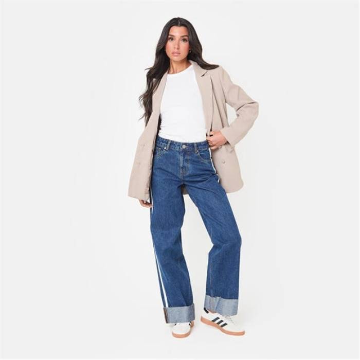 I Saw It First 【 Side Stripe Turn Up Jean Women Dark Wash 】 Stripe 縞模様 レディース