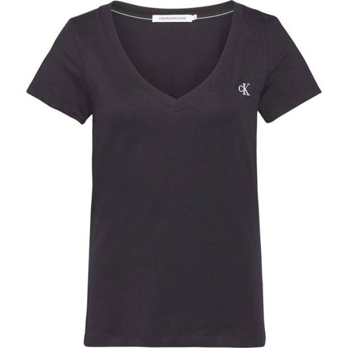 カルバンクライン デニム Calvin Klein Jeans 【 Embroidery Stretch V-Neck T-Shirt Women Bk Black Bae 】 Vのど首 プルオーバー レディース 黒いこと 黒いこと