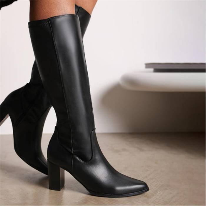 Wheres That From 【 Block Heel Knee High Boots With Stitch Detail Women Black Pu 】 ヒール ハイ ブーツ レディース 黒色 ブラック