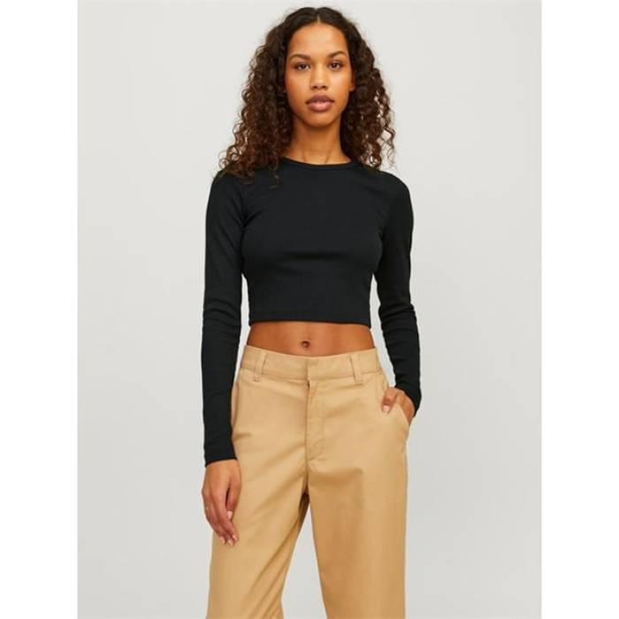 Jjxx 【 Feline Long-Sleeve Crop Top Women Black 】 Crop クロップ レディース 黒いこと 黒いこと