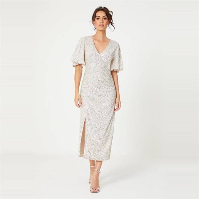 Be You 【 Sequin V Neck Midi Dress Women Silver 】 御召しもの レディース Silver しろがね色・しろがね色