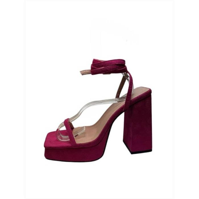 Chic 【 Square Toe Block Platform Heeled Sandal Women Fuchsia 】 レディース