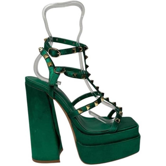 Chic 【 Studded Multi-Strap Block Heel Platform Heeled Sandal Women Green 】 ヒール レディース green 緑・グリーン
