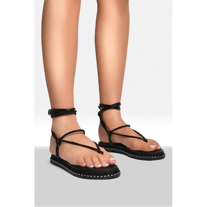 No Doubt 【 Strappy Ankle Tie Flat Sandal Women Black 】 ネクタイ レディース 黒色 ブラック