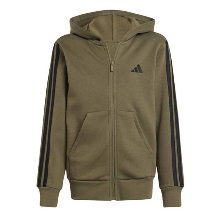 アディダス Adidas 【 3-Stripe Essentials Full-Zip Hoodie Juniors Kids Khaki/Black 】 フルジップ フーディー パーカー お坊っちゃん キッズ カーキ 黒いこと 黒いこと