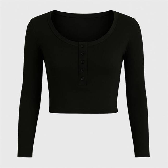 I Saw It First 【 Rib Button Long Sleeve Top Women Black 】 Sleeve 捩り レディース 黒いこと 黒いこと トップス-Tシャツ・カットソー