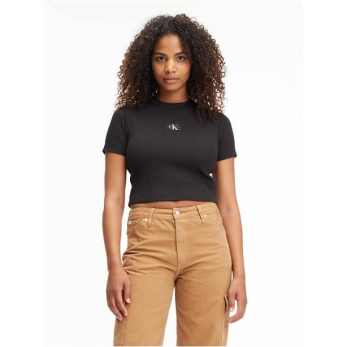 カルバンクライン ジーンズ Calvin Klein Jeans 【 Badge Rib Short Sleeve T Shirt Women Ck Black 】 Sleeve スリーブ レディース 黒色 ブラック