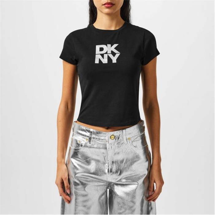 ダナキャランニューヨーク Dkny 【 Women Logo Crop Top Women Black/Silver 】 レディース ロゴ Crop クロップ レディース 黒色 ブラック Silver 銀色・シルバー